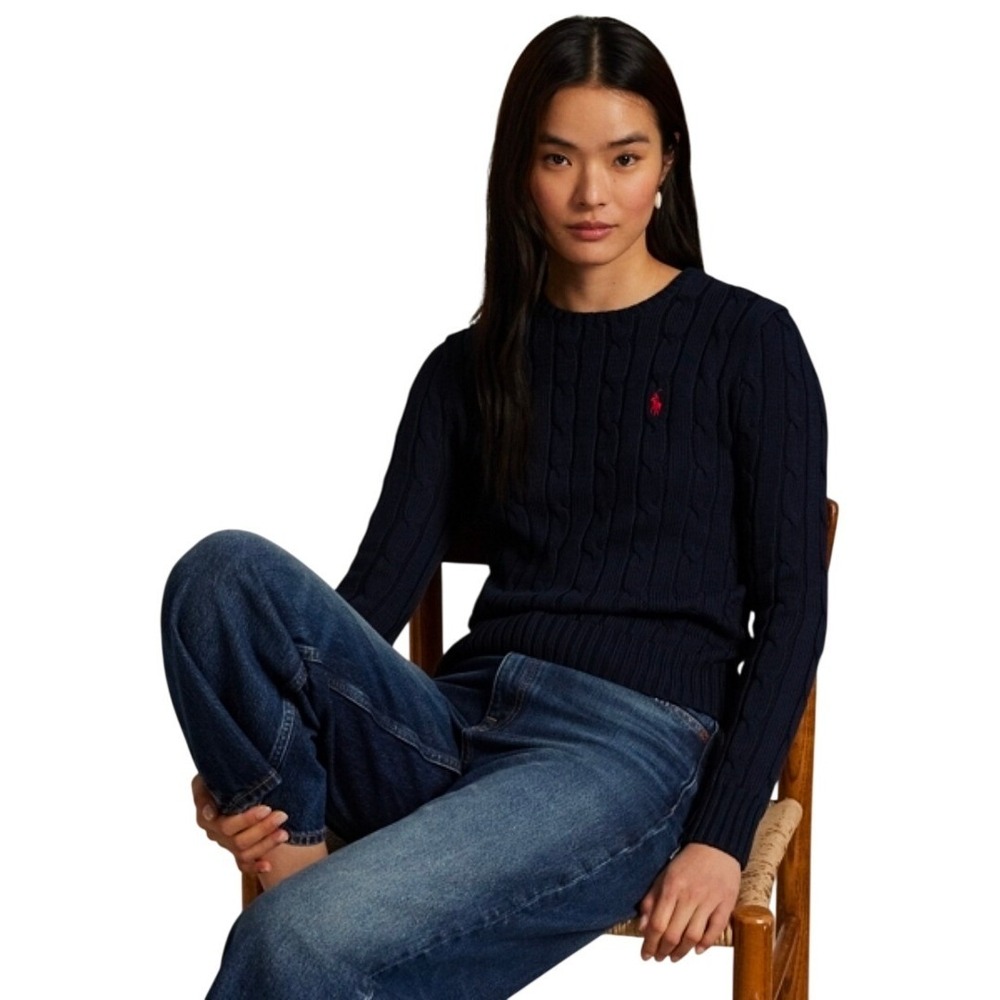 Polo Ralph Lauren Unisex Black Cable Knit Wool Blend Sweater Red Pony Logo NWT S